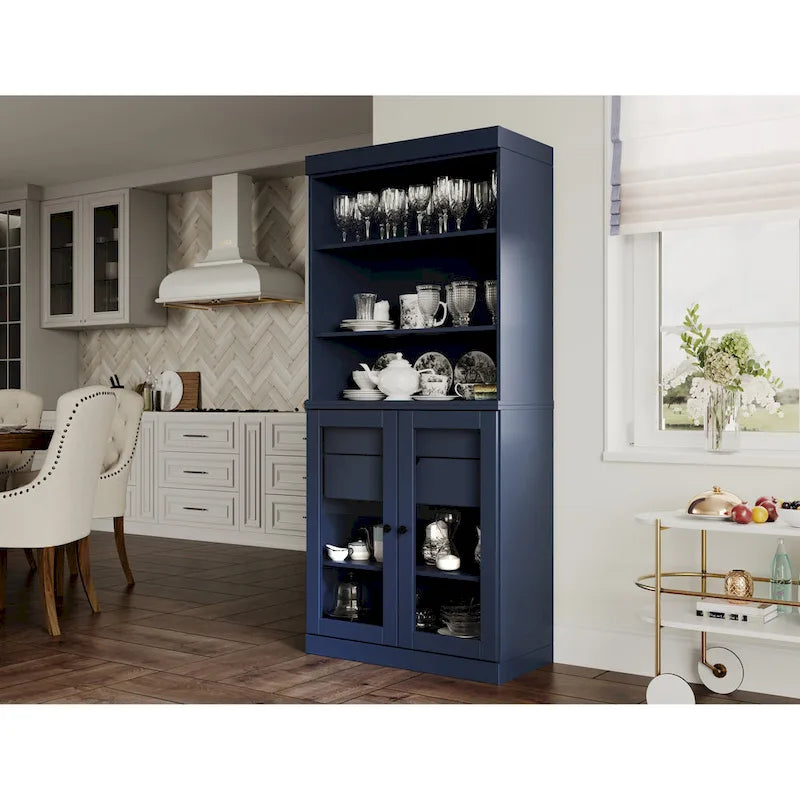 Dispensa da cucina in legno massello al 100% con 2 ante in vetro trasparente o legno massello e organizer a 2 cassetti by