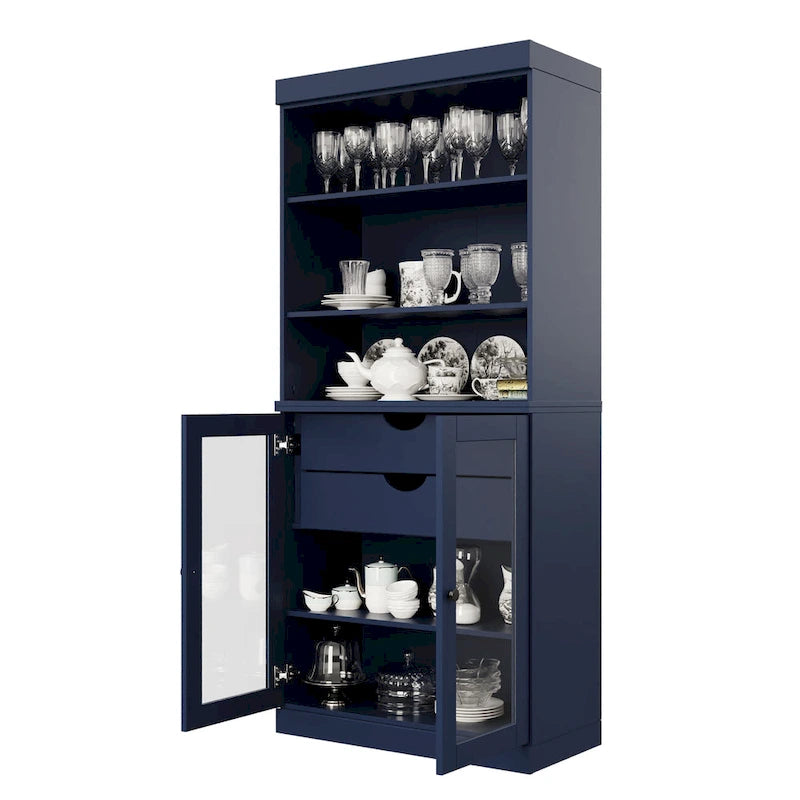 Dispensa da cucina in legno massello al 100% con 2 ante in vetro trasparente o legno massello e organizer a 2 cassetti by