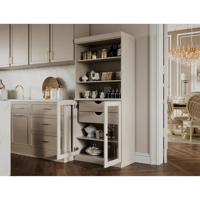 Dispensa da cucina in legno massello al 100% con 2 ante in vetro trasparente o legno massello e organizer a 2 cassetti by