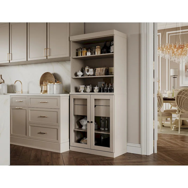 Dispensa da cucina in legno massello al 100% con 2 ante in vetro trasparente o legno massello e organizer a 2 cassetti by