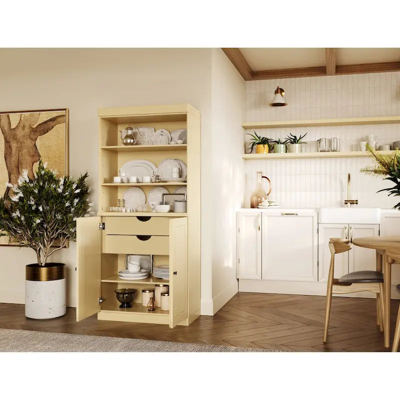 Dispensa da cucina in legno massello al 100% con 2 ante in vetro trasparente o legno massello e organizer a 2 cassetti by
