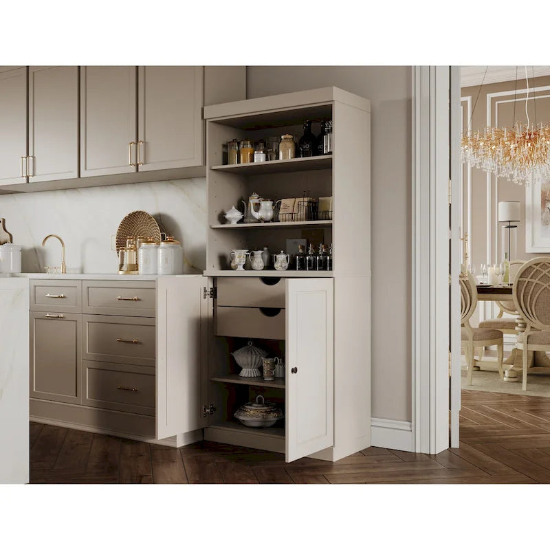 Dispensa da cucina in legno massello al 100% con 2 ante in vetro trasparente o legno massello e organizer a 2 cassetti by