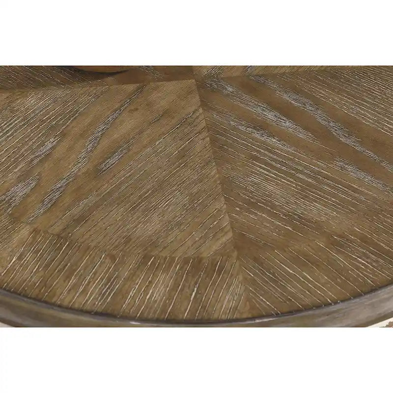 Tavolino rotondo in legno con ripiano inferiore aperto, marrone e bianco anticato