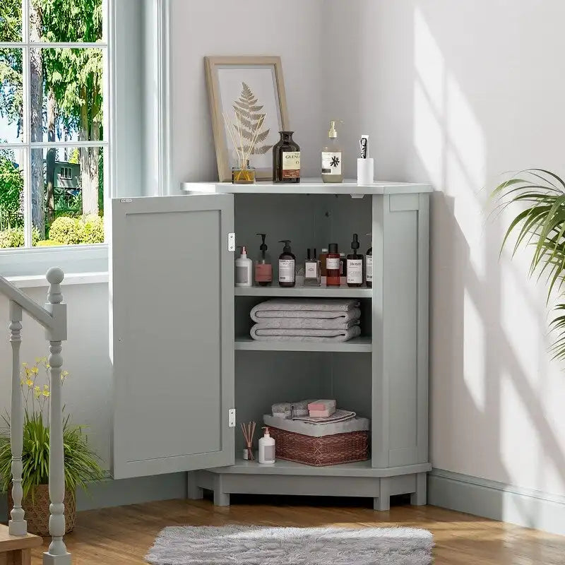 Mobiletto angolare decorativo moderno in legno a forma triangolare con ripiani interni regolabili per soggiorno e bagno