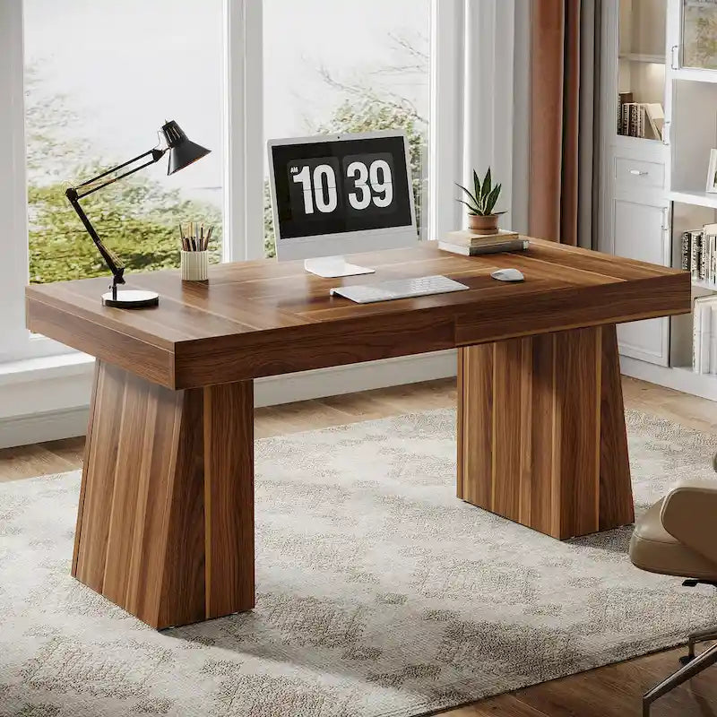 Brown Wood Mid-Century Executive Desk for Home Office
